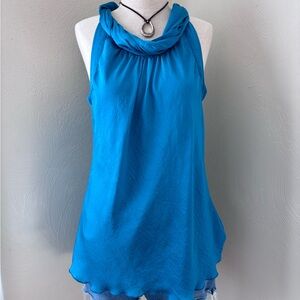 New Directions Blue Satin Roll Neck Halter Tank Top